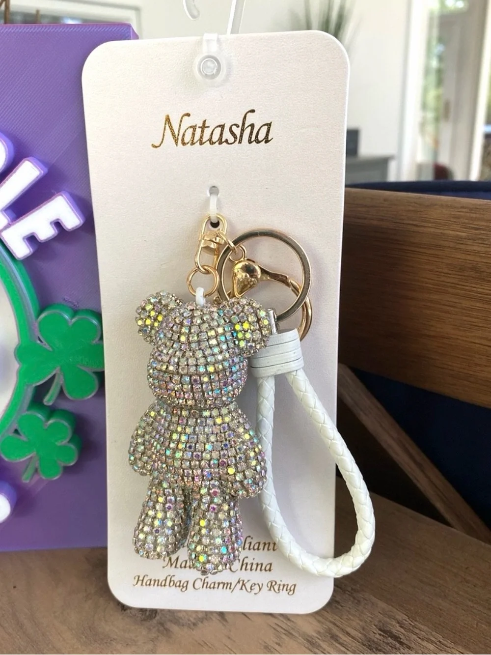 Natasha Couture Crystal Bear Bag Charm - Silver Iridescent Keychain New